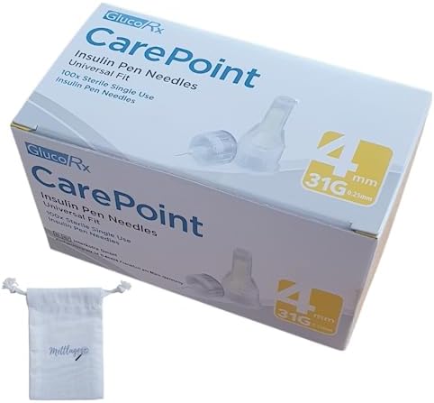 Glucorx Carepoint Diabetic Insulin Pen Tips - 31G x 4mm (100 Pcs/Box) - Universal Fit, Pen Needles - MaxflowTM Technology + Mettlage Travel Pouch
