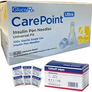Glucorx Carepoint + Alcohol Wipes (100): Diabetic Insulin Pen Tips 32G x 4 mm (100 Pcs/Box) - Tetra-Sole Package